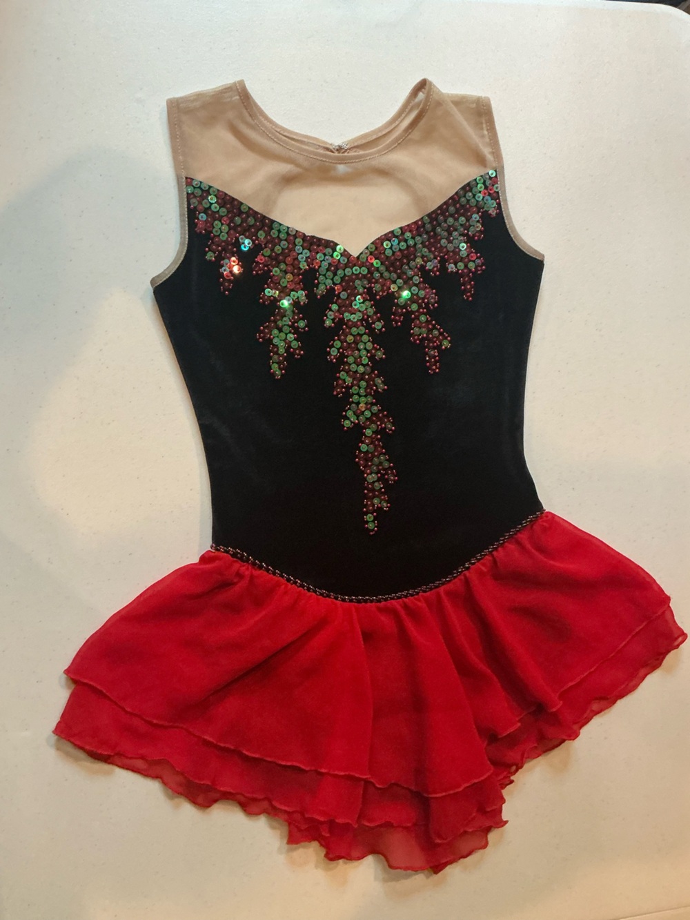 Red Black Velvet Beaded Ice Skating Dress Girls 12